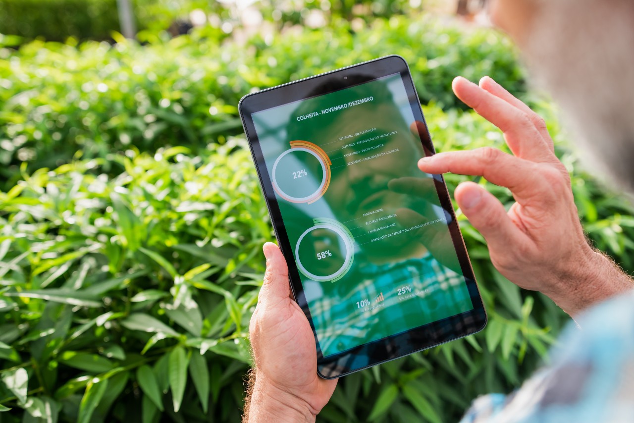 Man holding tablet evaluating plant health